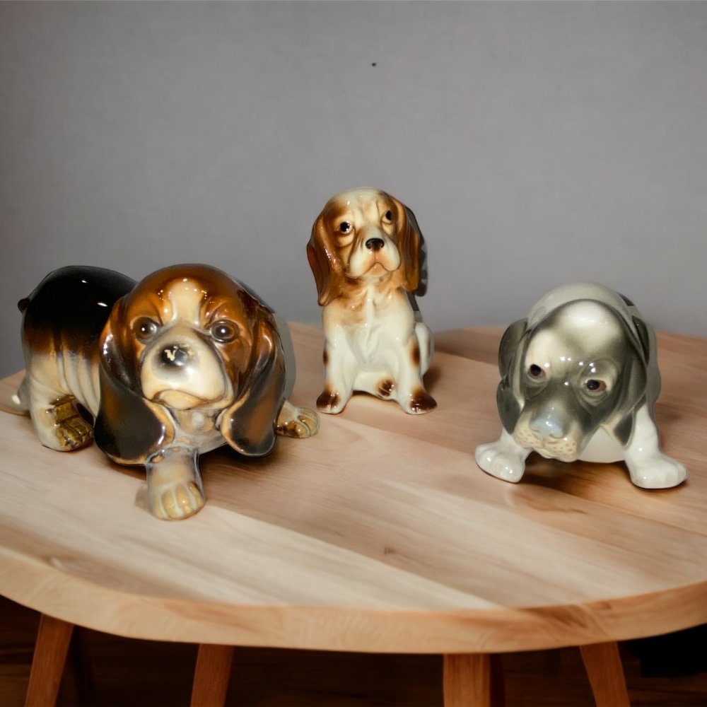 Trio of Vintage Basset Hound Dogs Ceramic Figurines